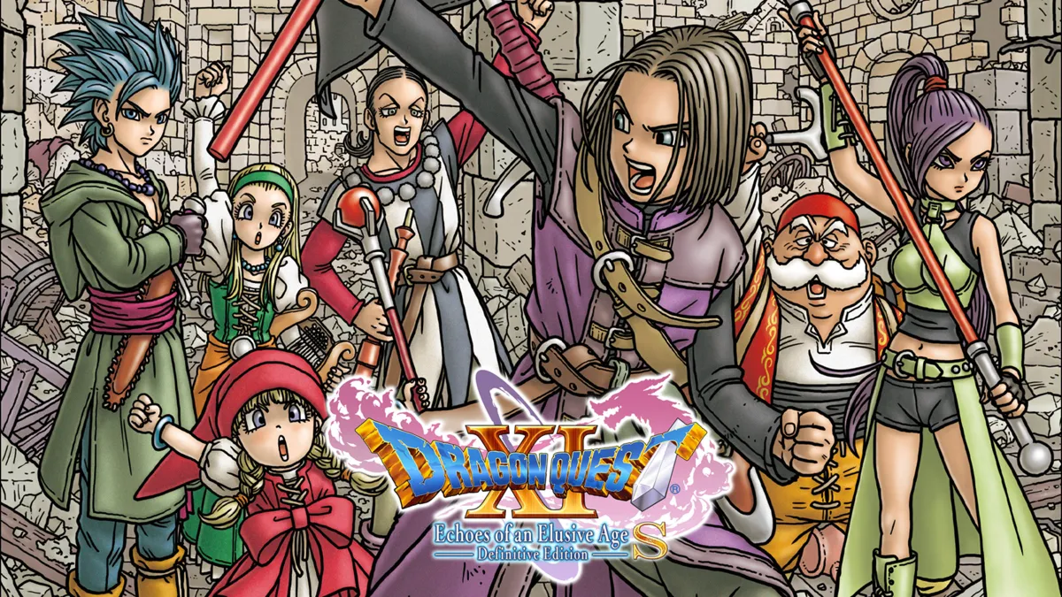 Omslagsbild för Dragon Quest XI S med flera seriefigurer.