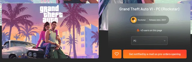 Omslagsbild för Grand Theft Auto VI med en man och kvinna framför en bil och palmer. Information om PC-versionen.