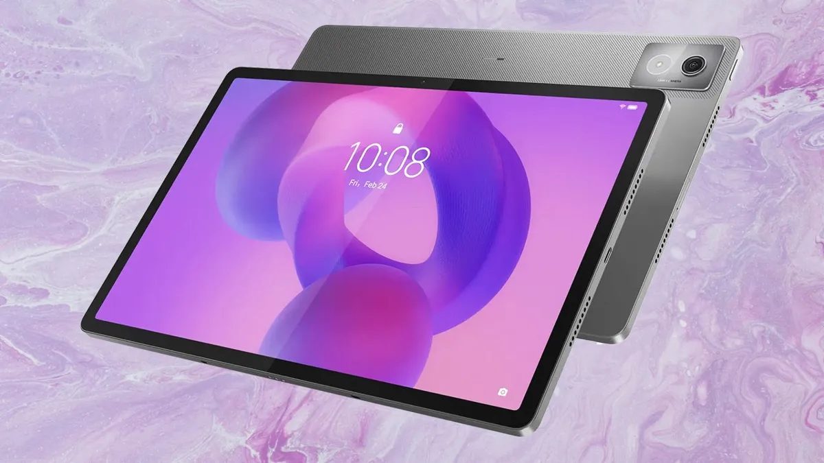 Två grå Lenovo Idea Tab 11-tums surfplattor visas mot en lila marmorerad bakgrund. Den främre plattan visar skärmen.