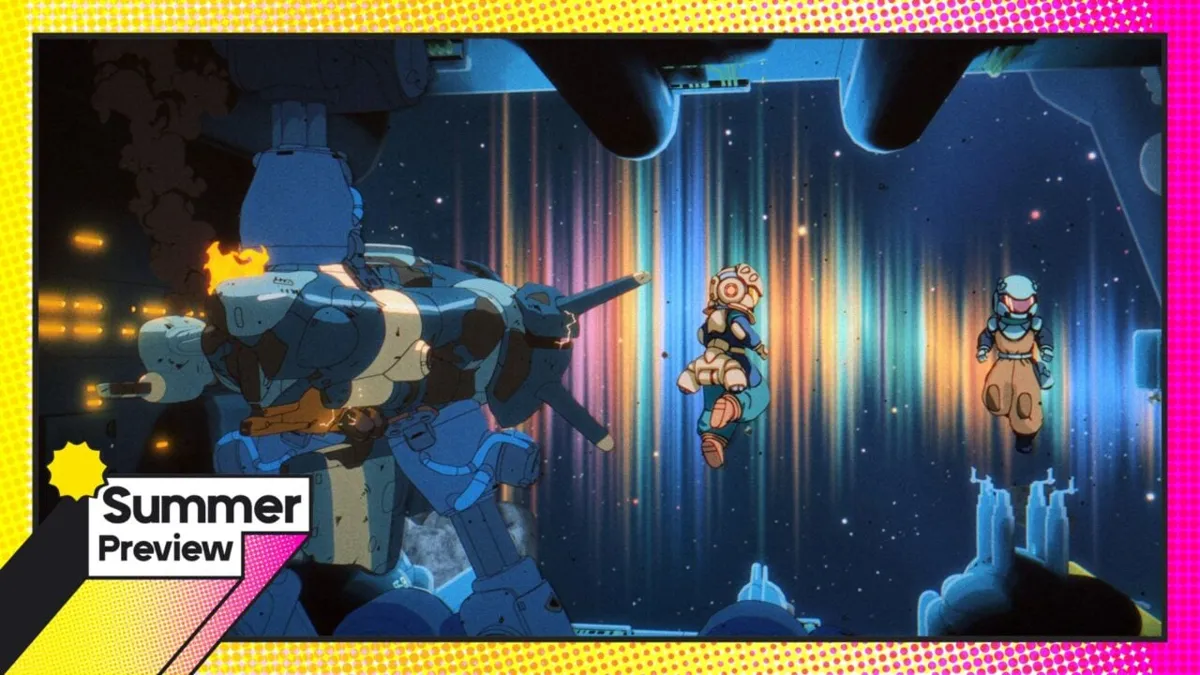Animerad bild från Orbitals med robot, rymddräkter och färgglada ljusstrålar.