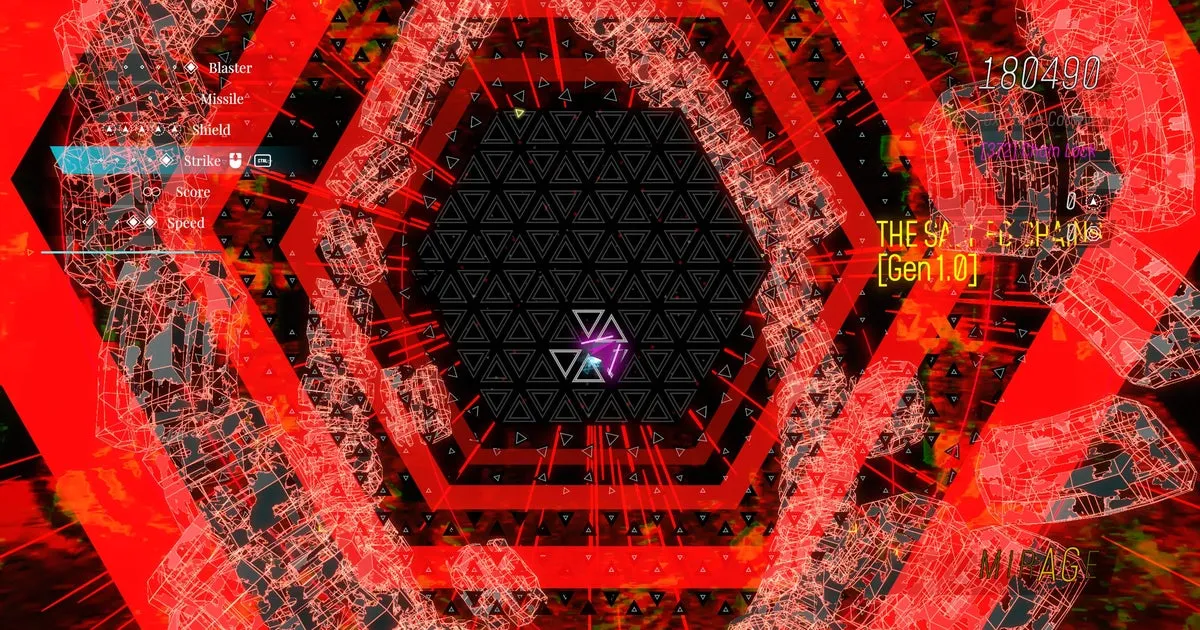 Dataspelsskärm med röd grafik, menyer och ett hexagonalt mönster i mitten.