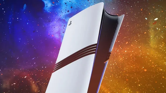 En Playstation 5-konsol mot en färgglad bakgrund.