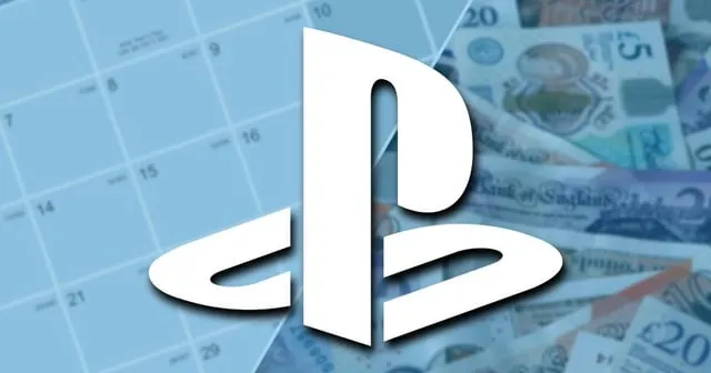 En vit PlayStation-logga över en kalender och en hög med brittiska pundsedlar.