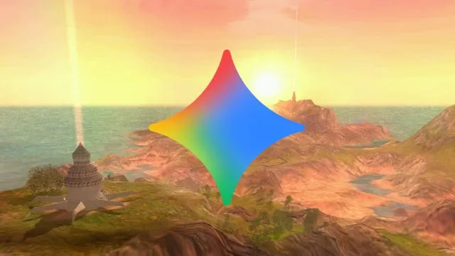 Ett färgglatt emblem svävar över ett landskap med hav, berg och torn i solnedgången.